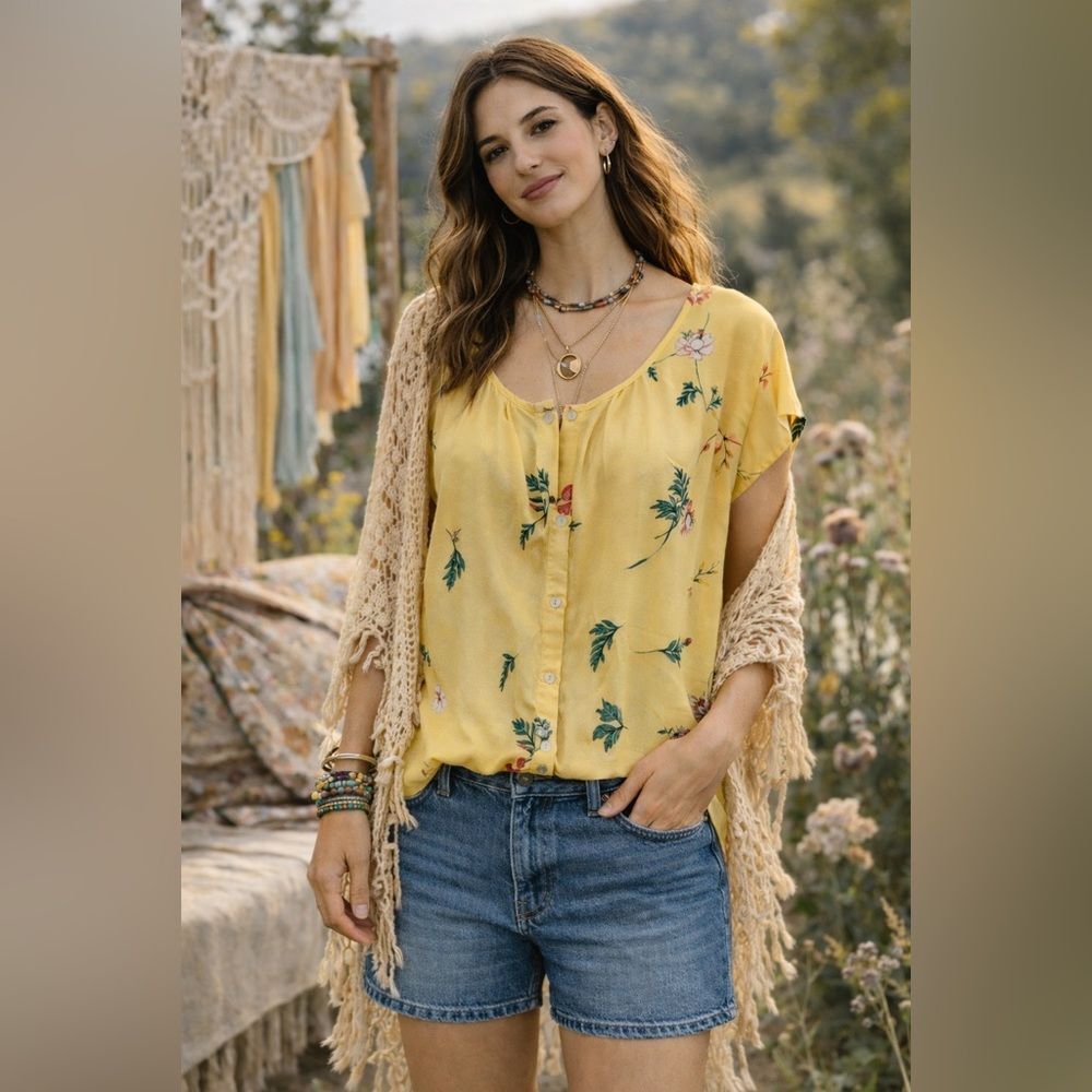 Sweet Rain Yellow Multicolored Floral Print Top Size XL